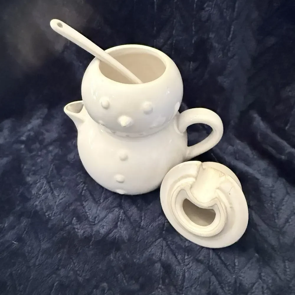 Pottery Barn Snowman Tea Set With Spoon Stackable VINTAGE. Winter